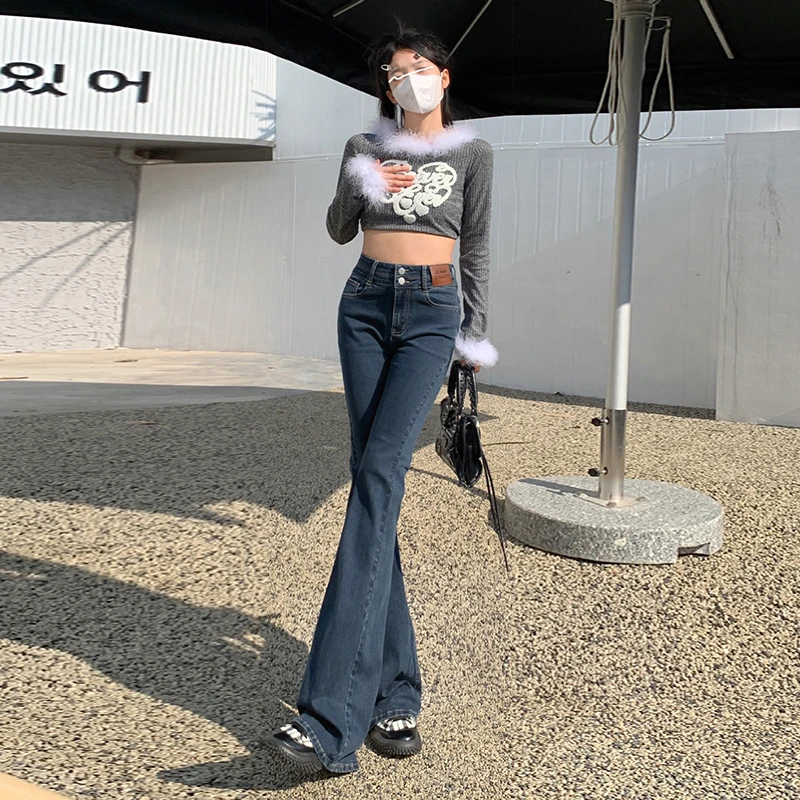 JS3313高腰微喇牛仔裤女春季2025新款修身显瘦紧身拖地马蹄喇叭裤