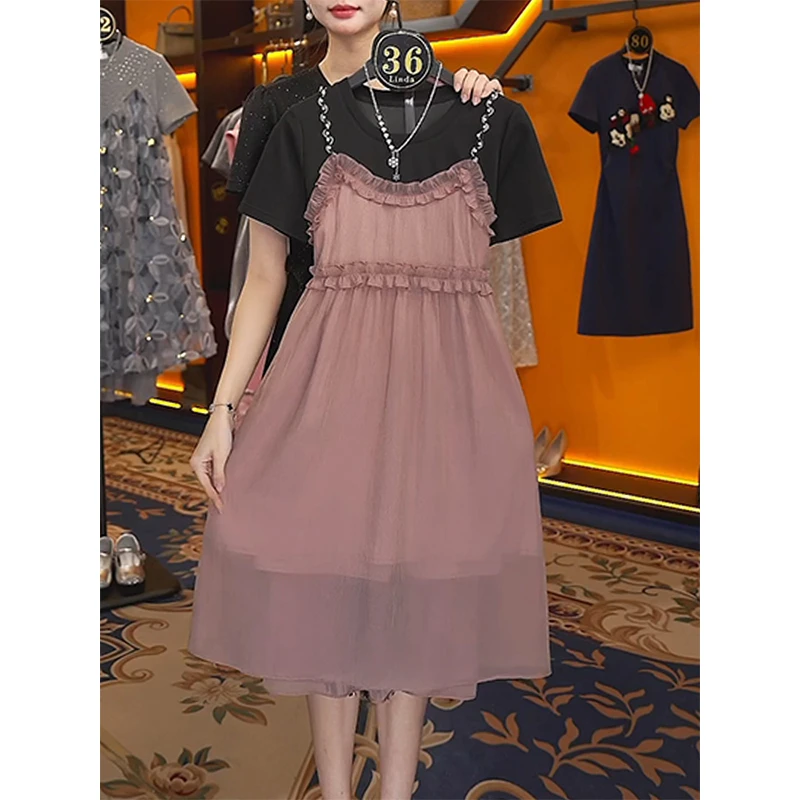 时尚减龄撞色假两件连衣裙女夏季新款圆领绑带收腰显瘦中长裙0917