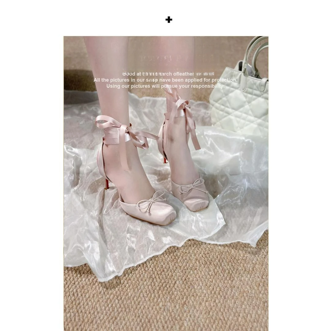 【梦玲露思同款】浪漫芭蕾千金绑带方头细跟高跟鞋女
