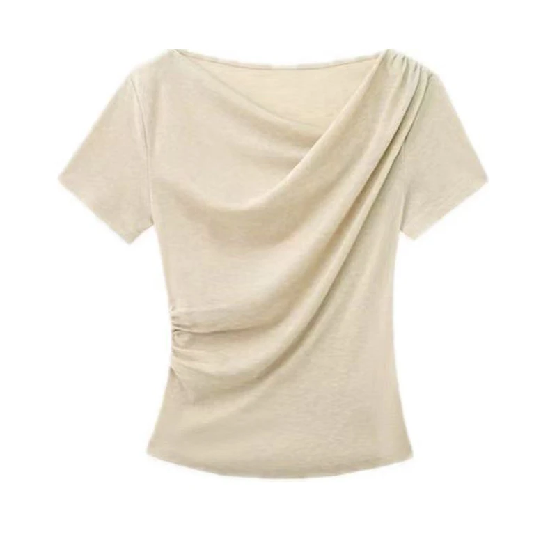 韩系甜妹斜肩领荡领温柔短袖浅粉色T恤女夏季褶皱显瘦纯色上衣