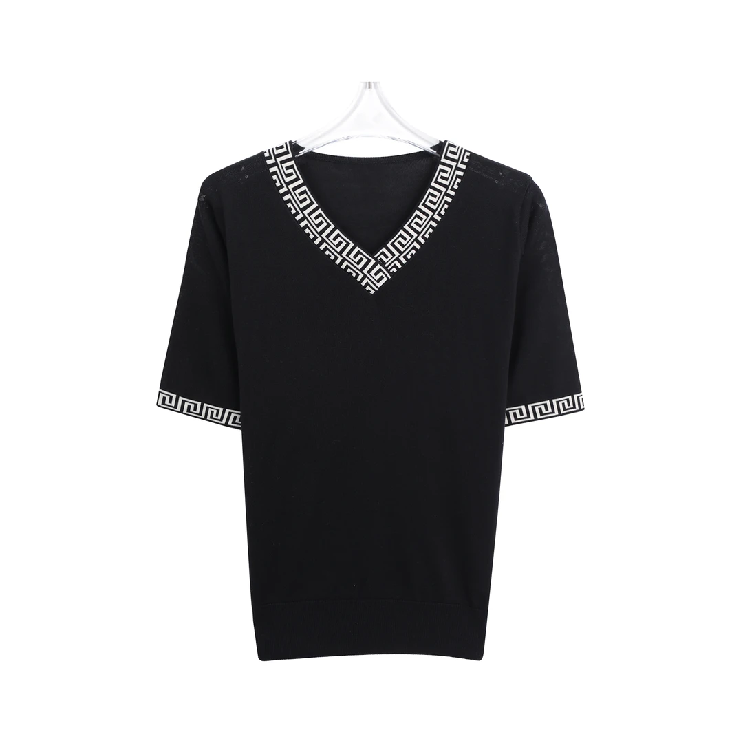 V领针织百搭打底衫T恤轻奢拼接印花短袖A11012