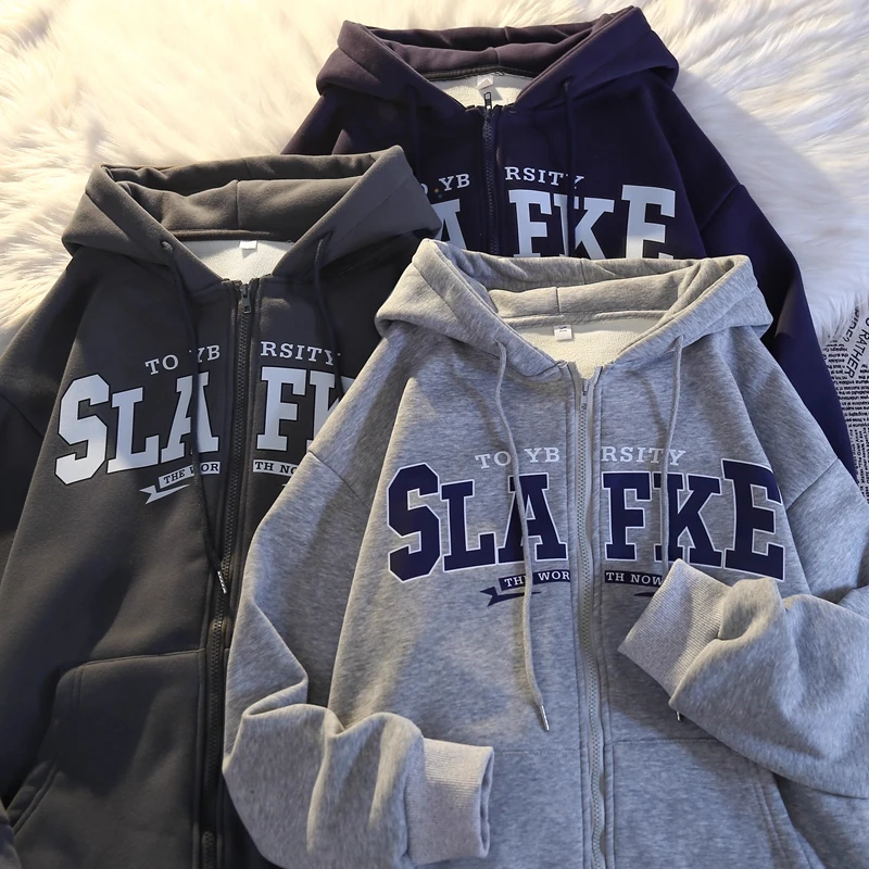 大码300斤美式复古简约休闲风拉链卫衣男女秋冬宽松显瘦开衫外套