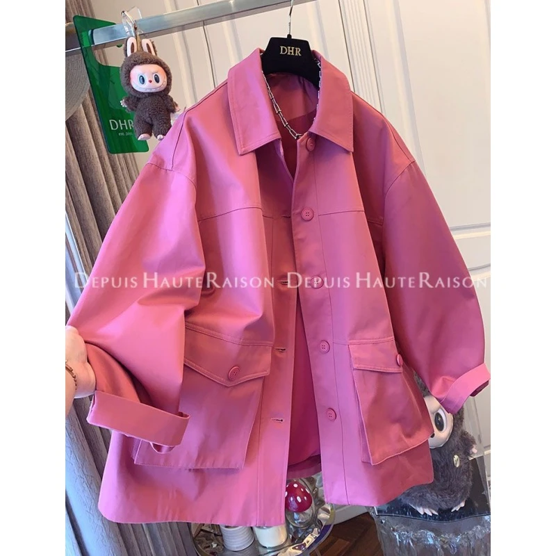 2025秋季新款特大码300斤粉色夹克上衣男女口袋洋气工装翻领外套