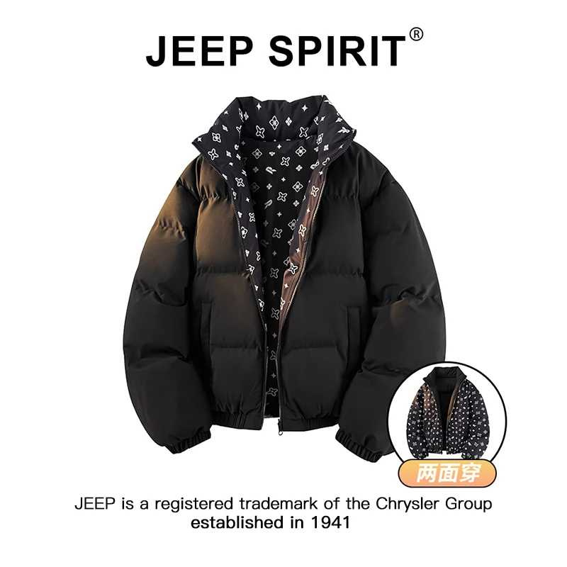 JEEPSPIRIT吉普韩系双面穿印花立领棉服冬季情侣款加厚保暖面包服