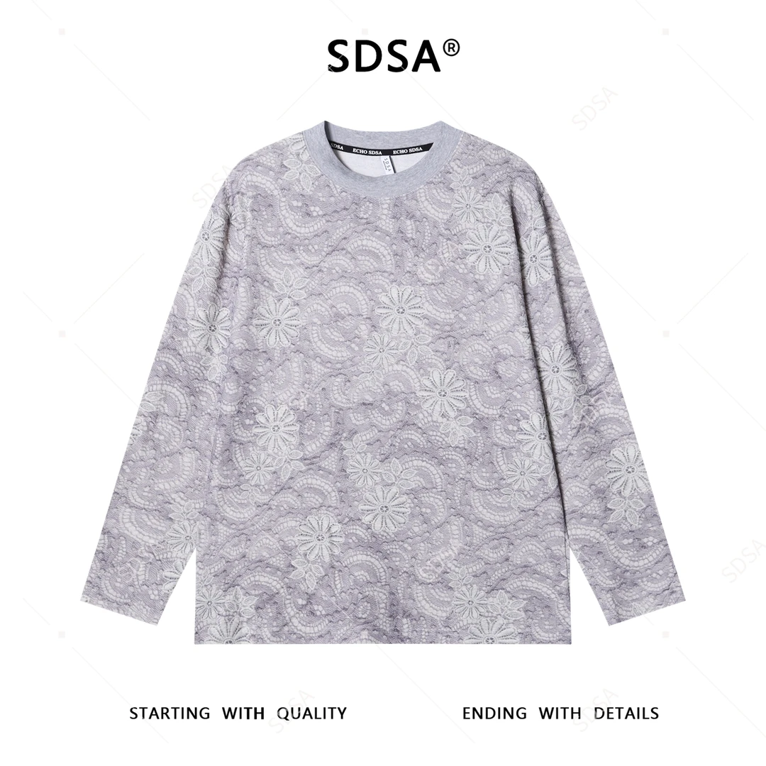 秋季高级感新款男士美式暗纹提花花卉长袖T恤细闪痞帅圆领上衣