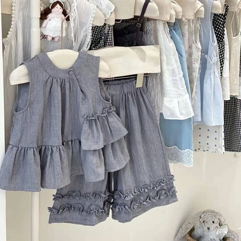 2025夏季儿童荷叶摆无袖衬衫韩版阔腿裤套装女童2025炸街女童套装