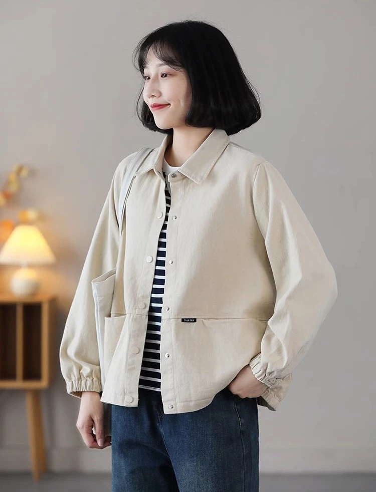 秋季2025年新款韩版短款工装外套女宽松显瘦长袖纯棉夹克开衫上衣