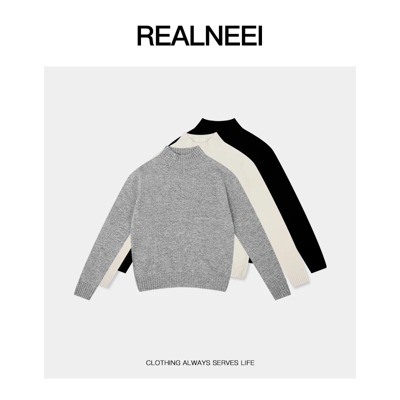 REALNEEI【衣橱公式】100羊毛极简纯色半高领慵懒秋冬毛衣H2302