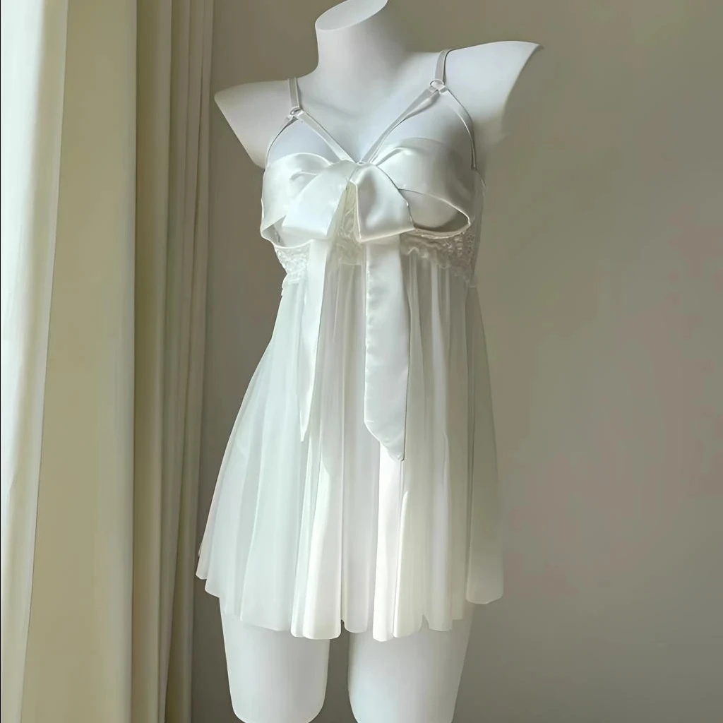 80-200斤「解开礼物」系带短款网纱性感露背睡裙女士纯色纯欲风蕾