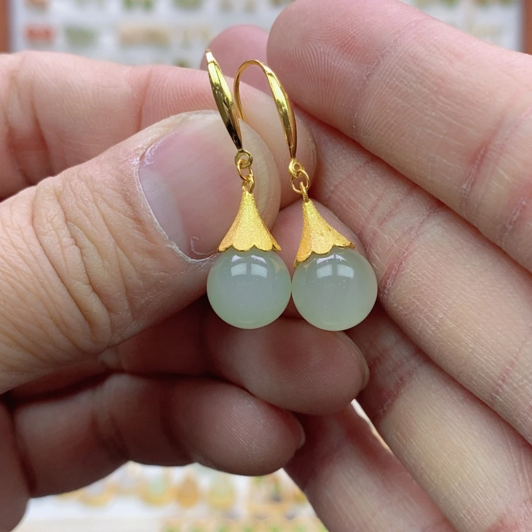 和田玉银S925镶嵌耳饰