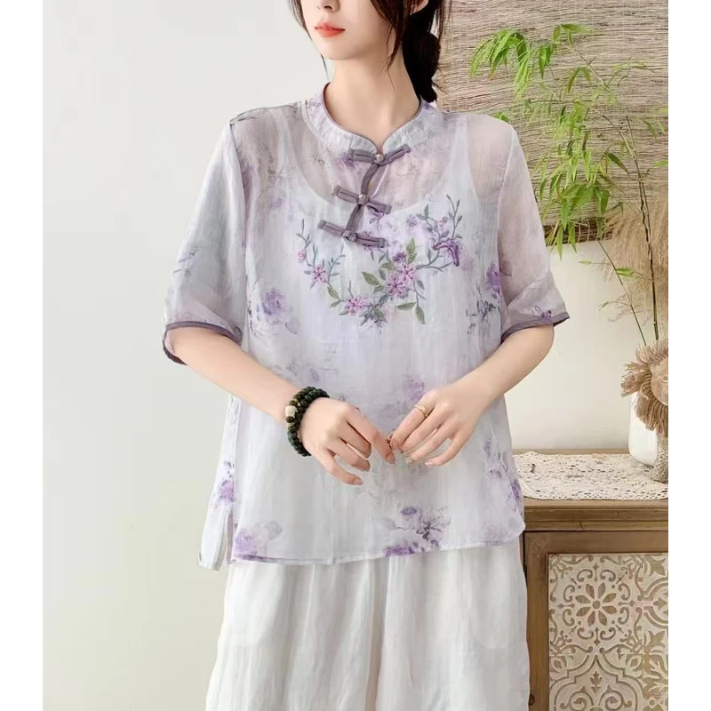 【青山雨】夏季新款国风小清新花语衬衫5010