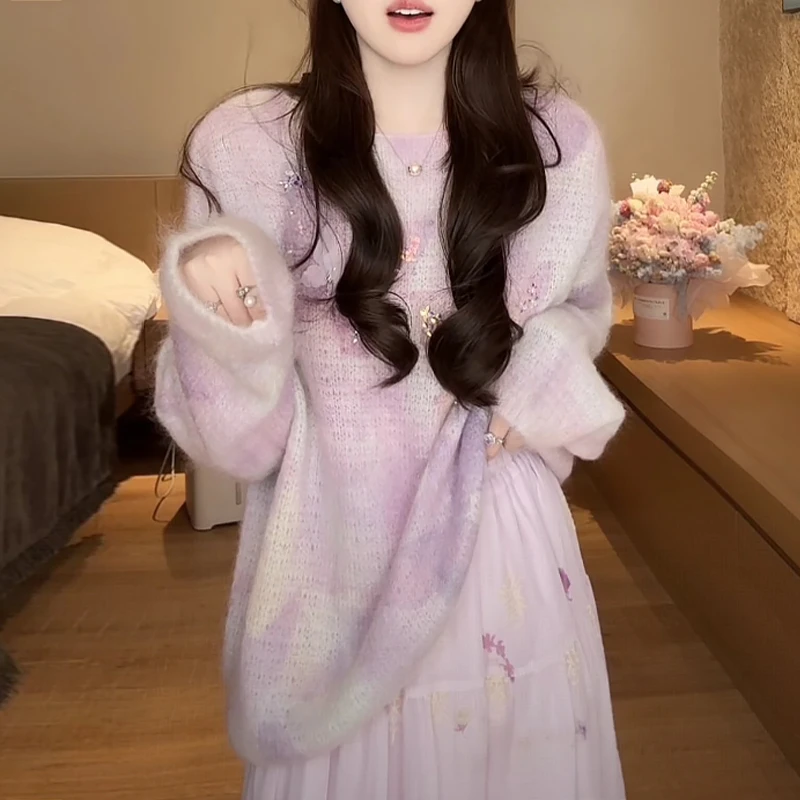 早秋新款晕染蝴蝶针织衫女宽松大码慵懒风减龄洋气套头长袖毛衣女