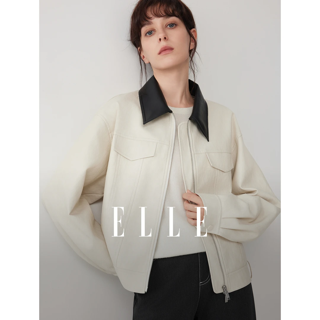 ELLE女装撞色短款夹克式外套2025冬季新款通勤独特上衣EF53441