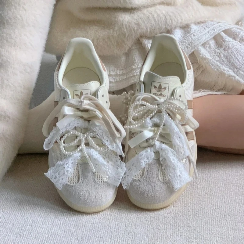 蕾丝鞋带女款德训鞋samba三叶草芭蕾风白丝带婚鞋装饰diy珍珠鞋扣