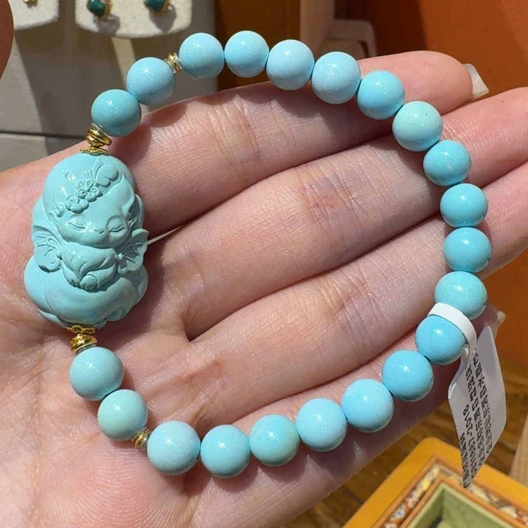 18K金镶嵌绿松石手串凤九圆珠