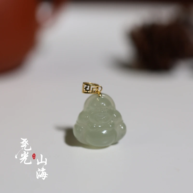 翠影丨18K金镶嵌*天然和田玉迷你微雕精致指尖小佛公
