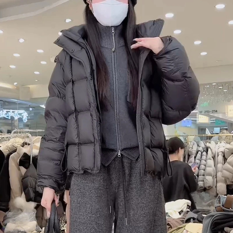 韩系连帽短款棉服2025秋冬简约格纹日常出街利落通勤松弛舒适外套