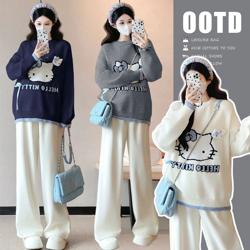 孕妇2025新款秋冬外穿提花卡通休闲百搭上衣＋加厚呢子阔腿裤套装