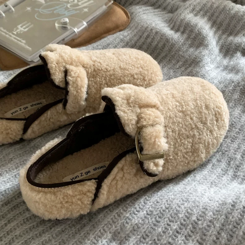 日常穿搭~配裙子加绒毛毛鞋女2024冬款外穿一脚蹬棉拖鞋豆豆棉鞋