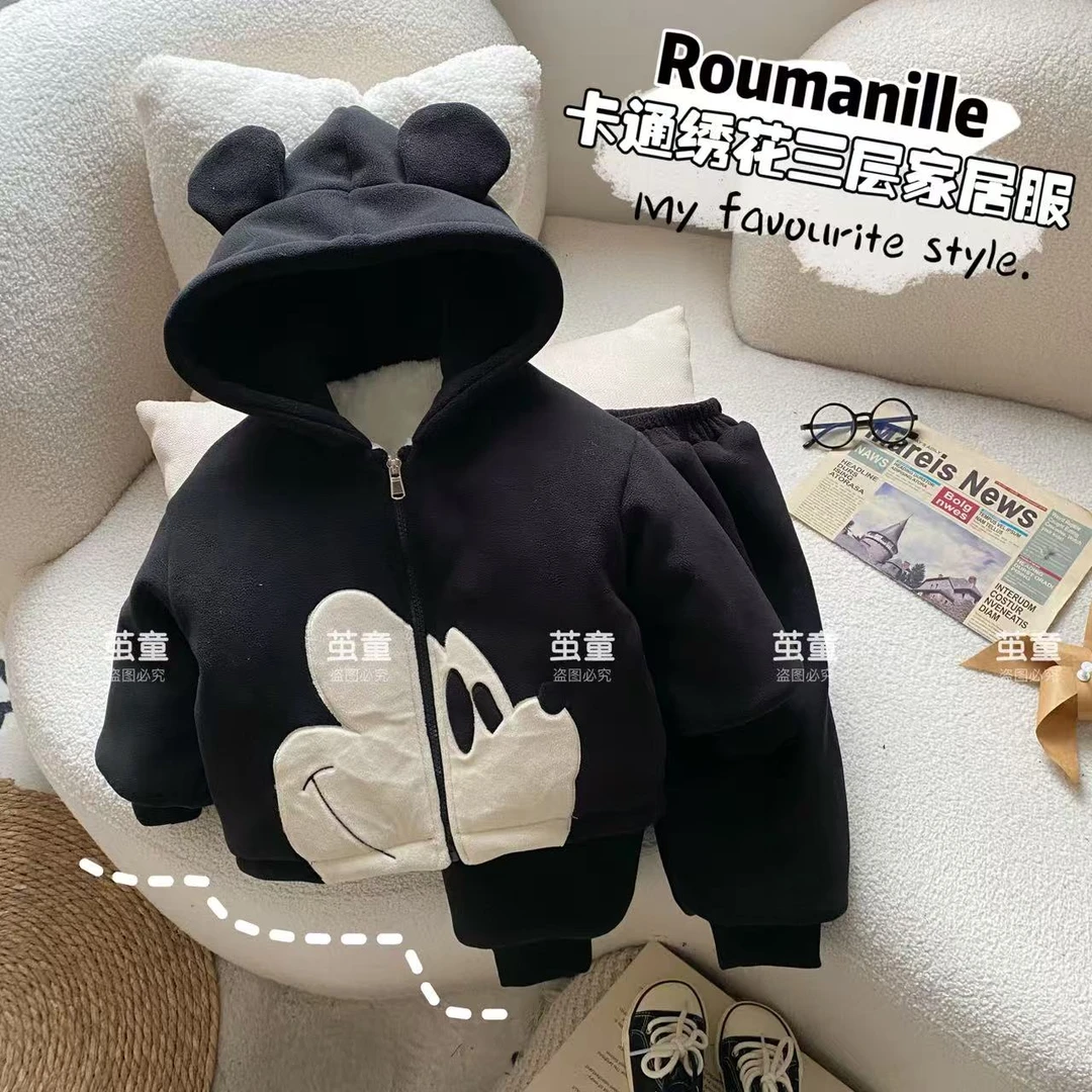 【麦麦妈】D419冬季小童卡通绣花三层夹棉家居服套装新品宝宝保暖