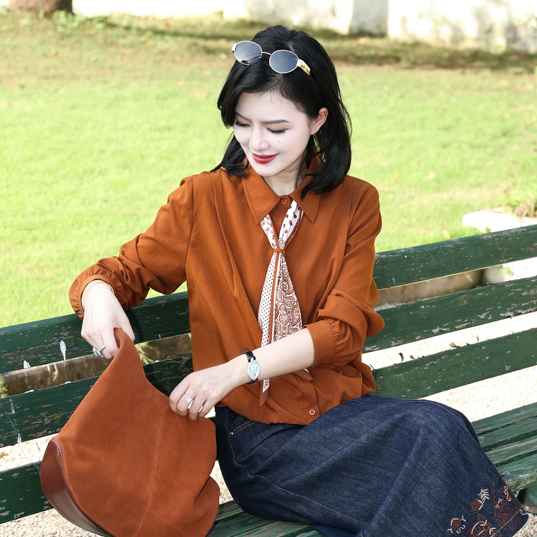 【配丝巾】枫竺阿楠anan老钱风气质通勤纯色衬衫秋休闲外穿上衣外套