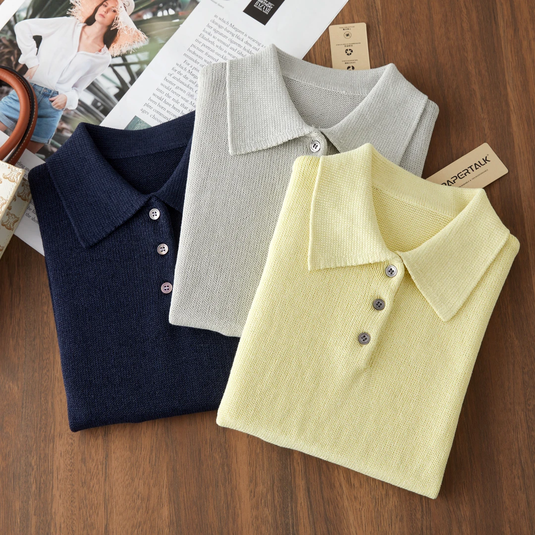 miu系三粒扣显瘦和纸纱休闲短袖复古polo领针织衫T恤女上衣