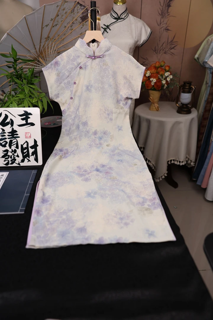 淡紫色夏季短袖旗袍少女感年轻款气质连衣裙110cm竹节麻