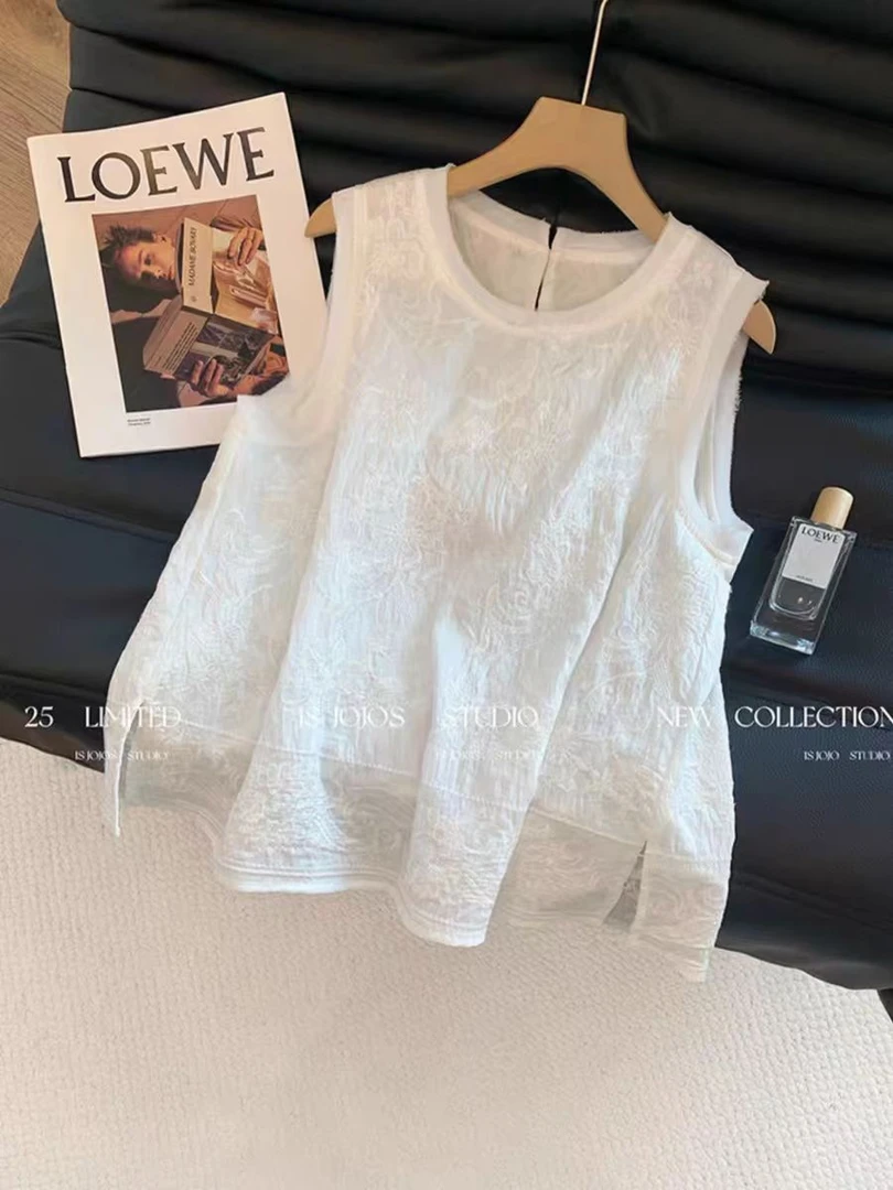 新中式刺绣白色背心女2025夏季高级感百搭气质无袖上衣别致小衫潮