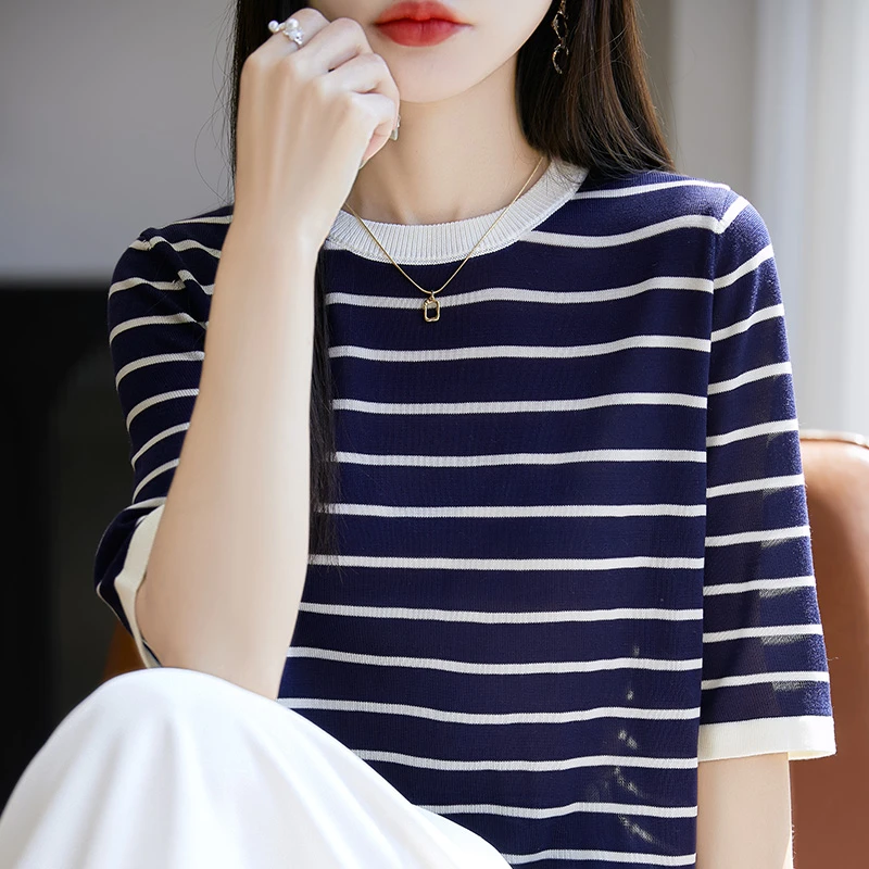 2025夏季新款圆领莱赛尔天丝针织短袖女宽松显瘦百搭上衣薄款女装