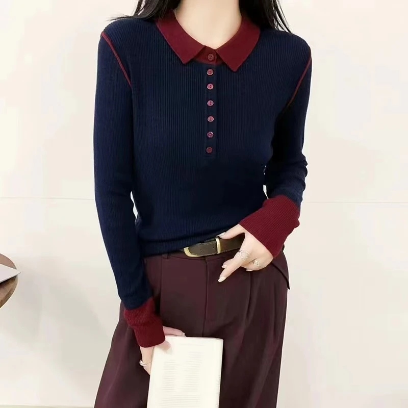 韩系气质毛衣女款爆款秋季2025新款减龄翻领显瘦针织打底上衣f332