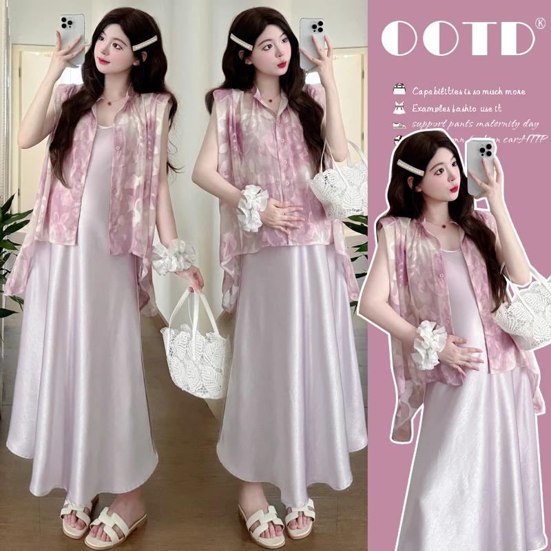 时髦孕妇装2025夏网红款晕染雪纺防晒衫时尚缎面吊带连衣裙两件套