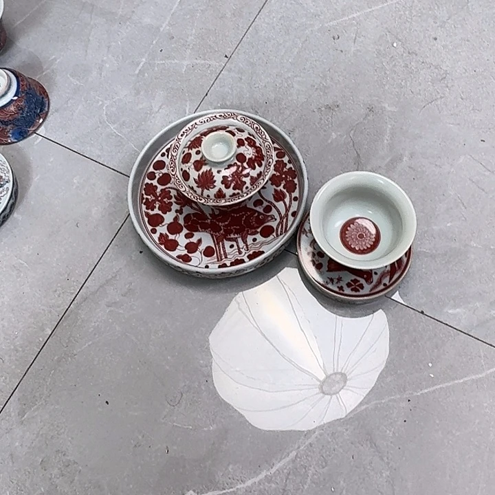 瓷片釉里红鱼藻纹四件套