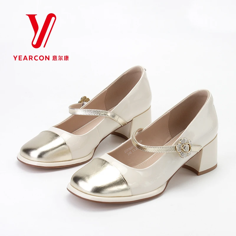 意尔康春季新款女鞋法式气质舒适软底百搭中跟浅口单鞋01912Y