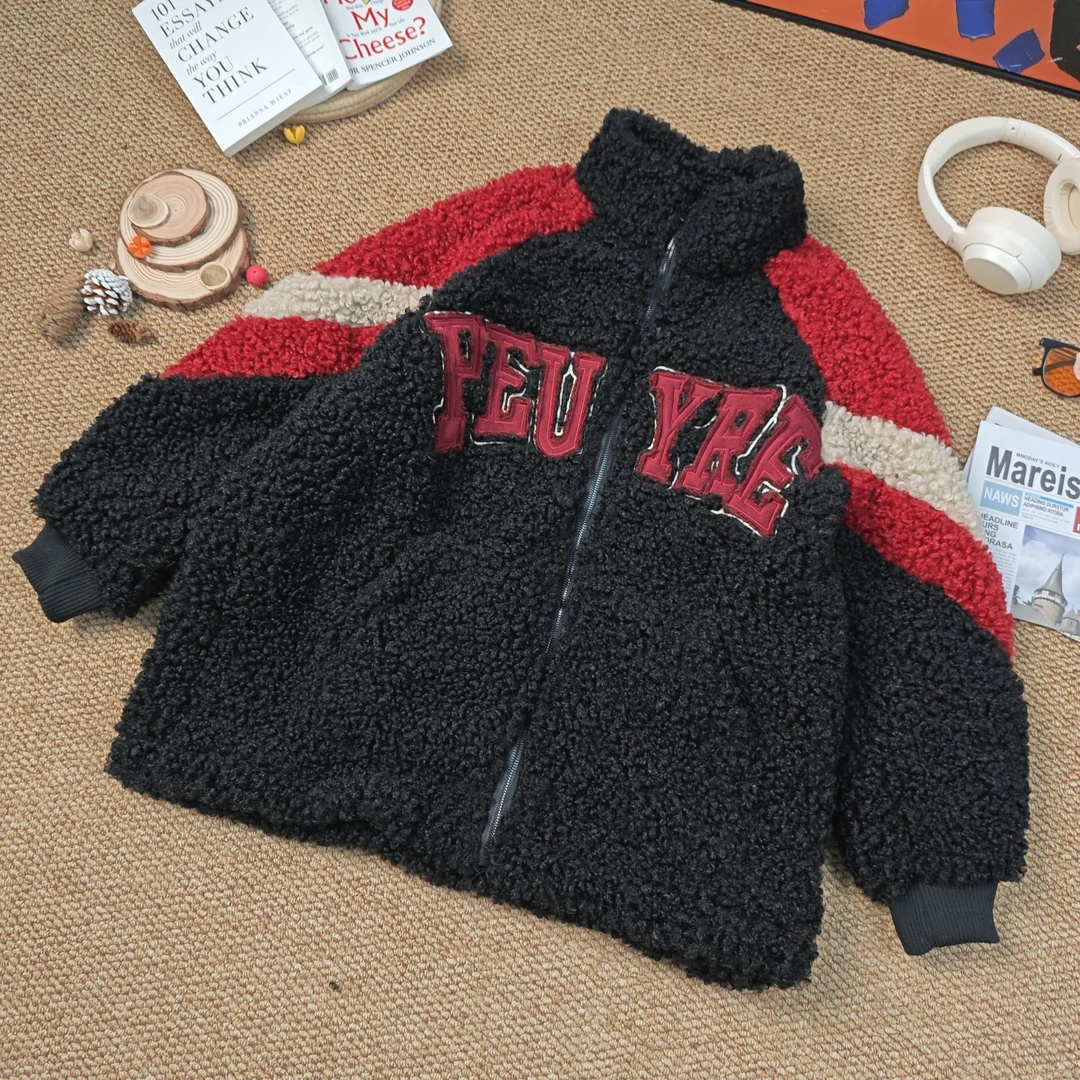 2024年秋冬新款时尚百搭拼色加绒加厚长袖厚外套7417