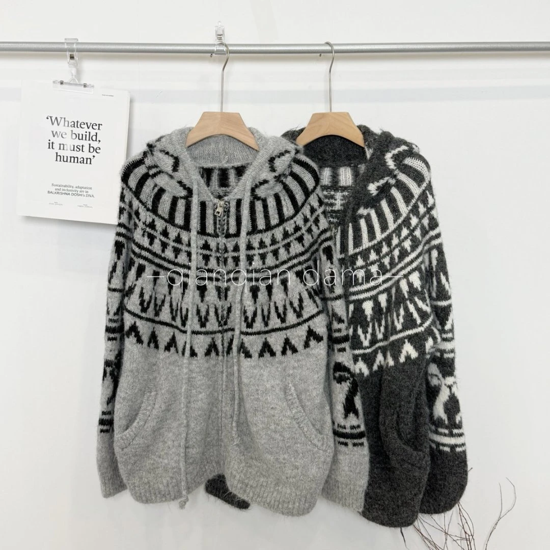 芊芊大码长袖提花连帽落肩袖宽松型毛衣【C0523】