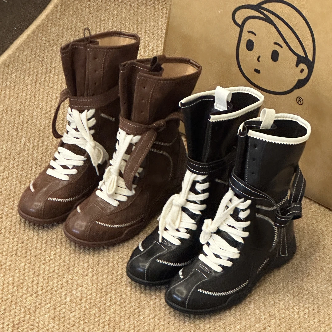 晚睡兰·内增高6cm复古真皮拳击靴女2025年秋季新款马丁靴中筒靴女