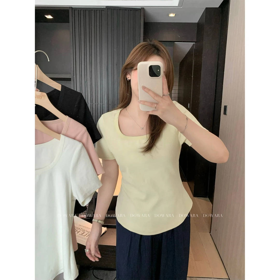 现货大婉酱微胖定制法式U领夏季正肩女宽松显瘦短袖t恤8239D