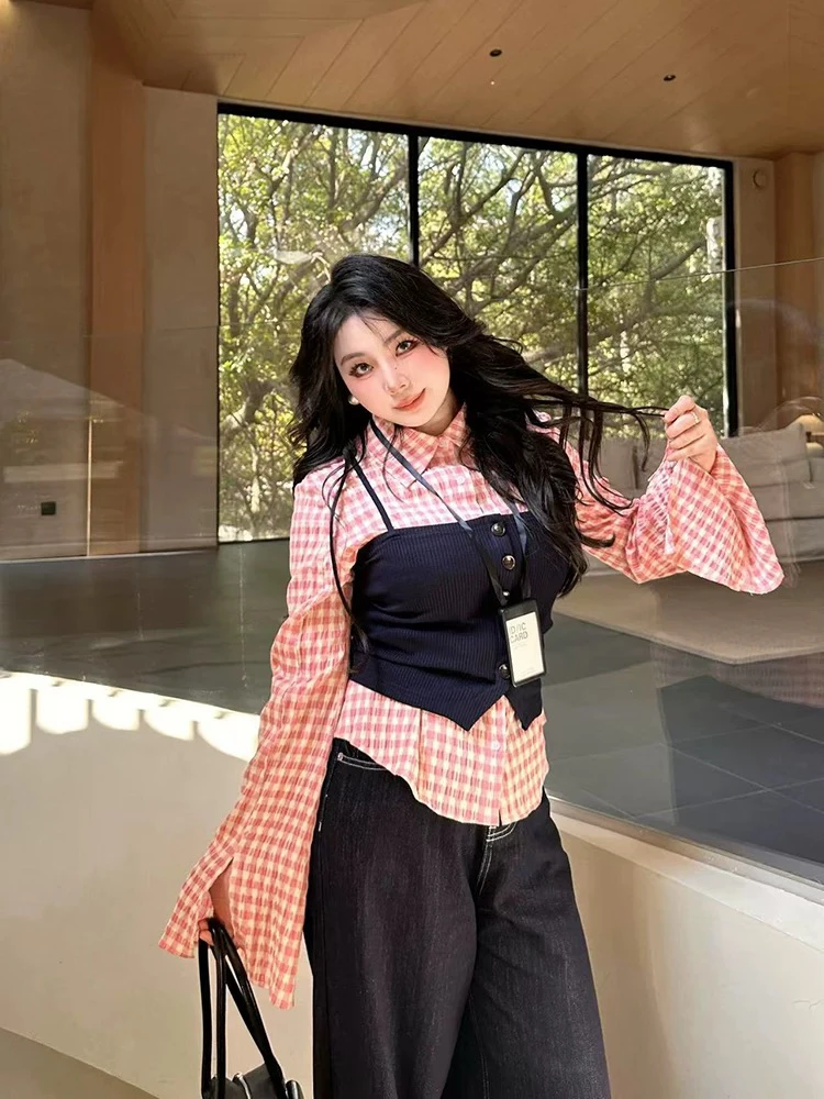 大码胖mm减龄学院风套装女早春季新款长袖复古格子衬衫马甲两件套