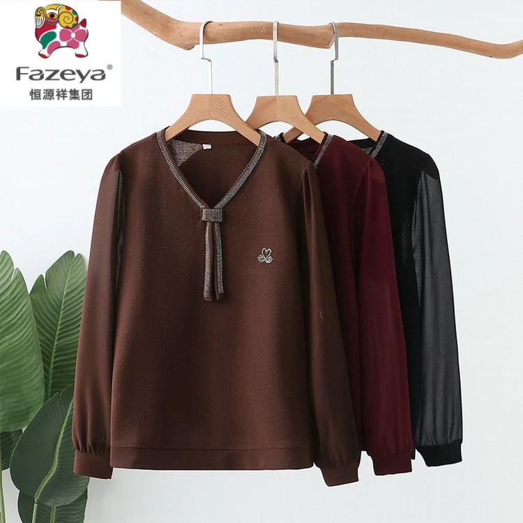 恒源祥彩羊春季新款V领烫钻飘带拼接宽松百搭洋气妈妈装长袖上衣