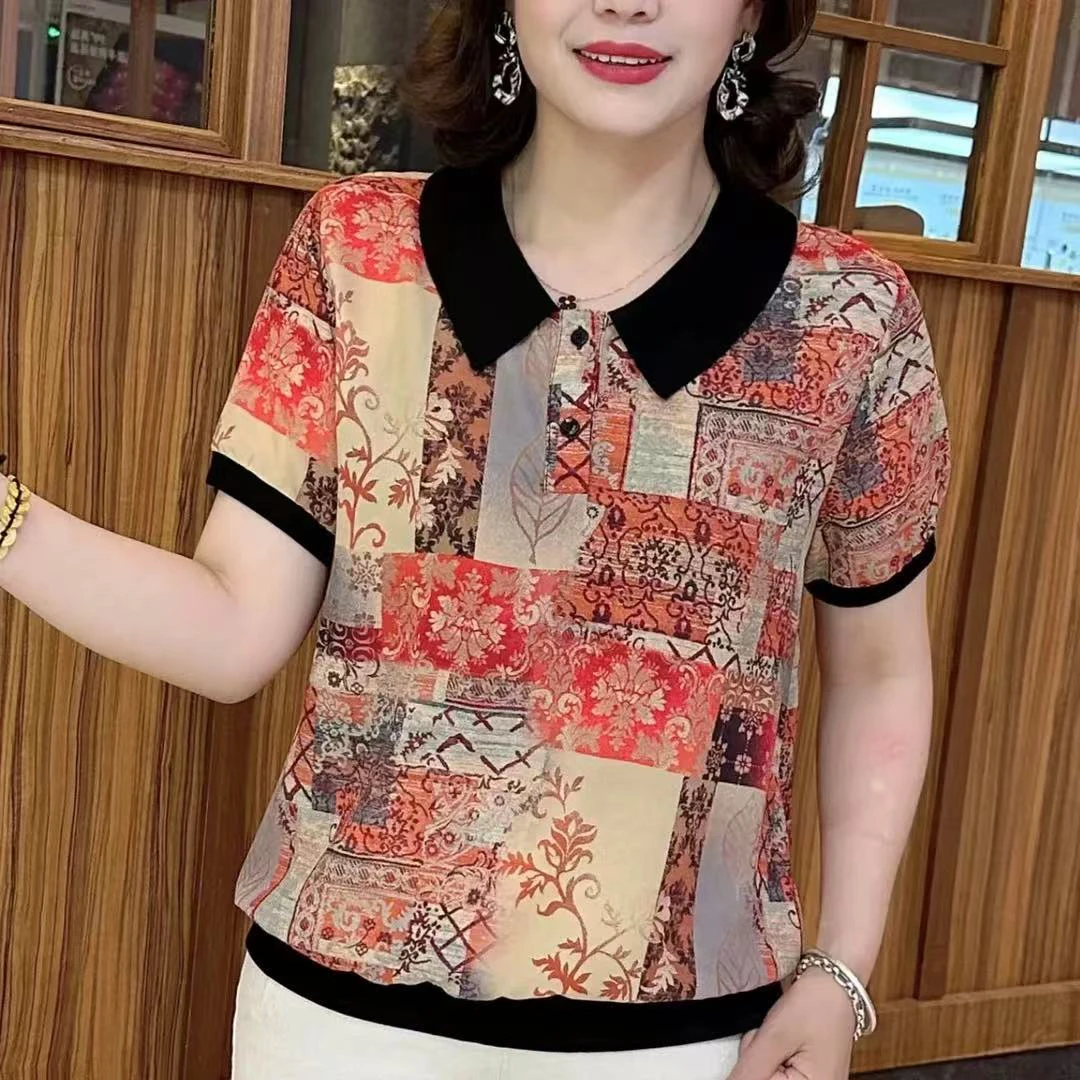 夏季休闲妈妈短袖T恤新款时尚洋气提花衬衣宽松显瘦减龄小衫女