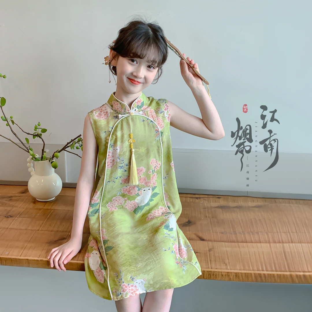 女童夏款连衣裙2025夏季新款中大童民族风无袖碎花旗袍裙Q13670