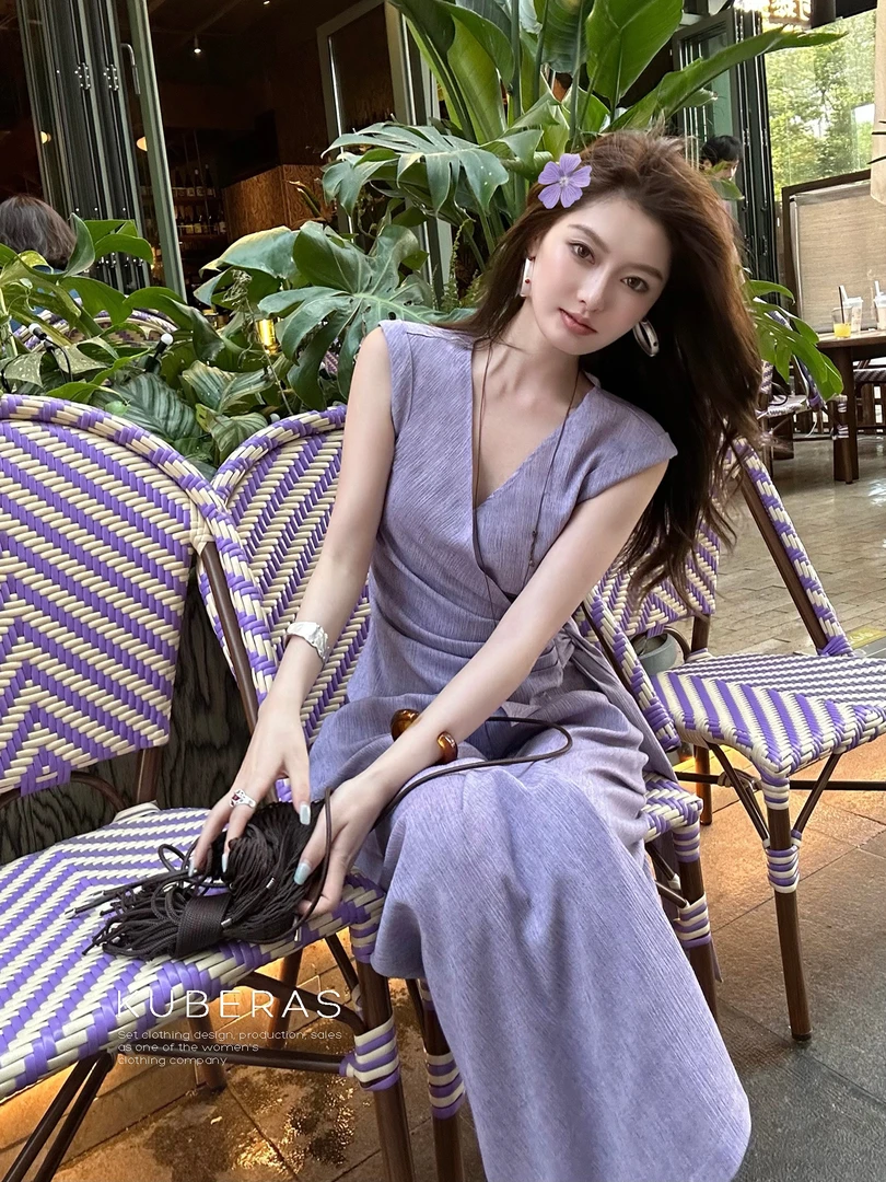 KUBERAS 原创高级感皱麻V领短袖上衣宽松阔腿长裙裤喇叭裤套装