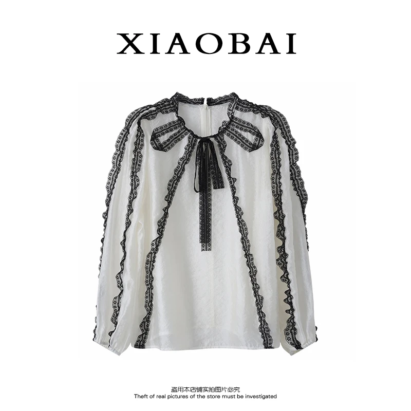 XIAOBAI 双色法式长袖衬衫蕾丝蝴蝶结设计感衬衣知性风拼接上衣女