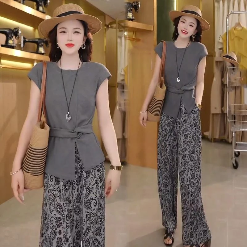 时尚套装女2025夏季新款洋气显瘦设计感短袖T恤印花阔腿裤两件套