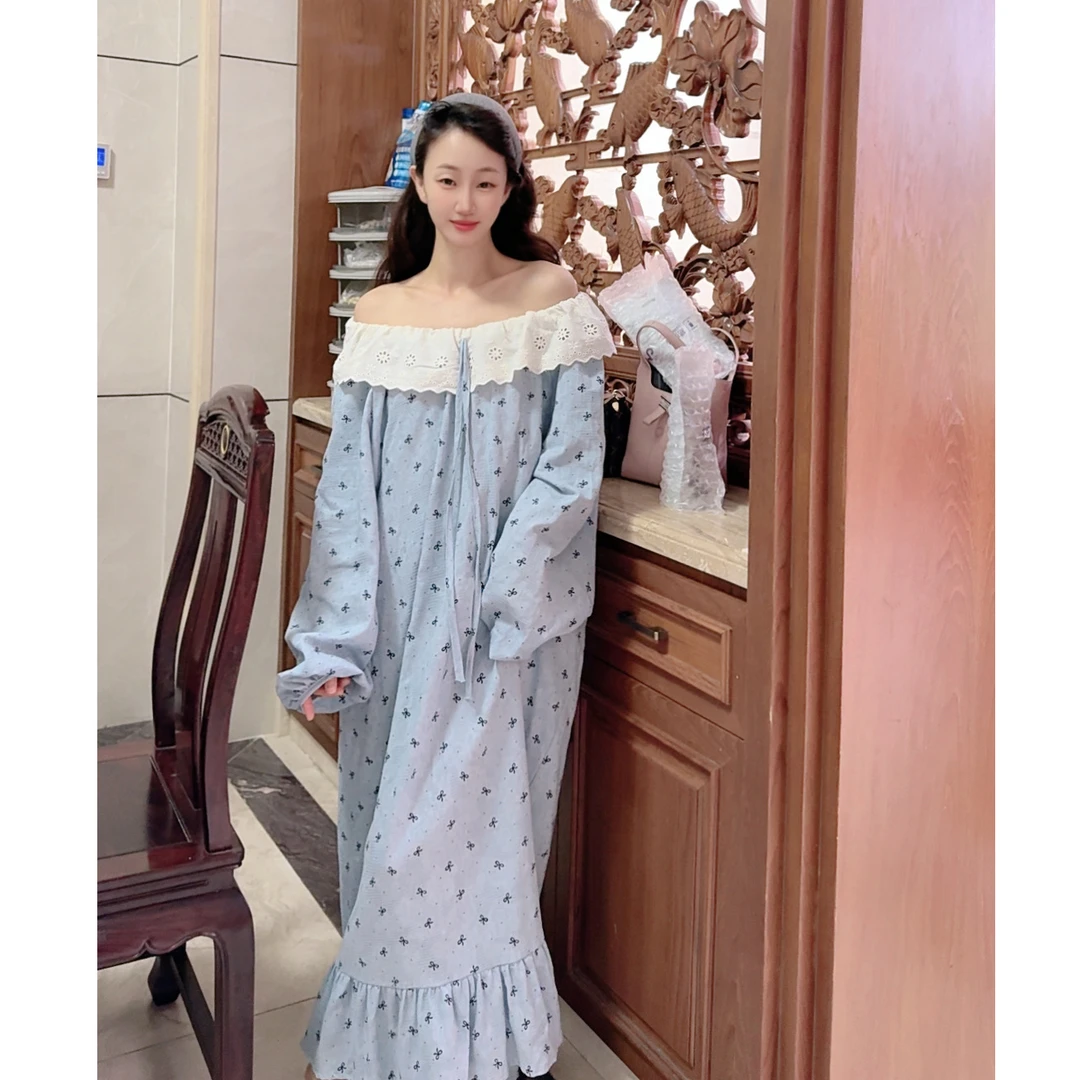 甜美公主风蕾丝花边圆领长袖长款宽松纯棉睡衣女春秋季家居服睡裙