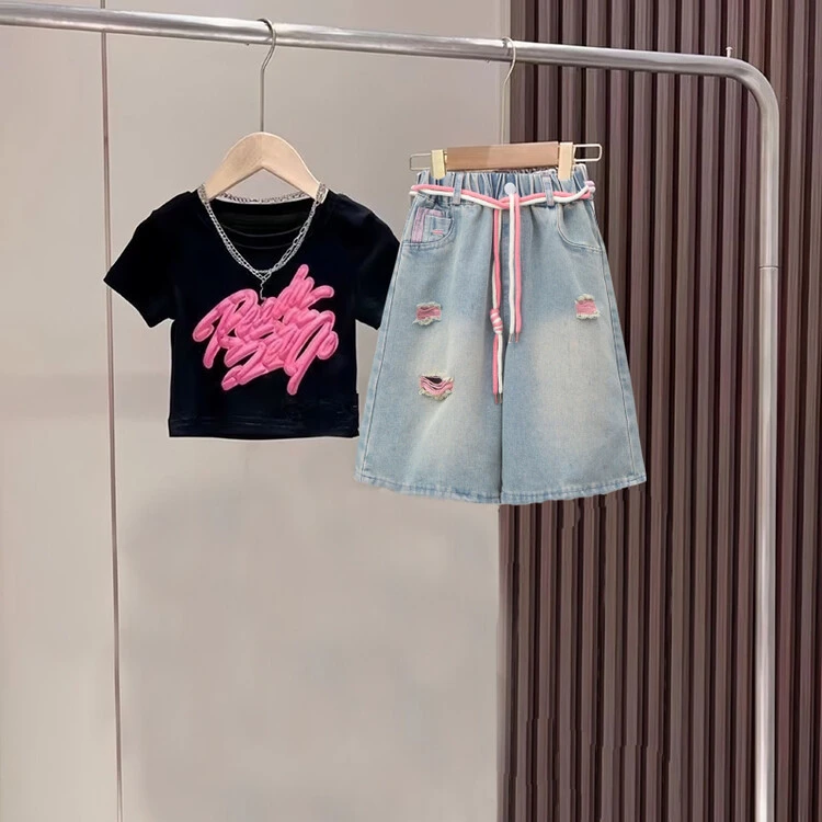 夏季新款女童立体喷绘涂鸦短袖彩色牛仔破洞裤夏季儿童洋气套装TN