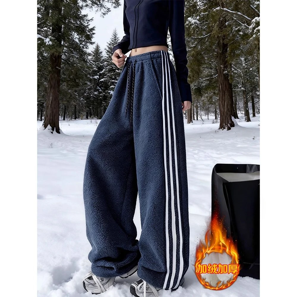 藏青色摇粒绒三条杠裤子男款冬季加绒加厚毛茸茸卫裤直筒防寒棉裤