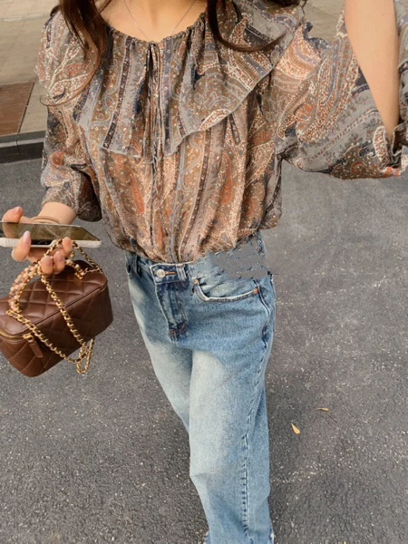 燕小姐“南法假日”真丝复古印花拼接荷叶领系带长袖真丝衬衫 上衣