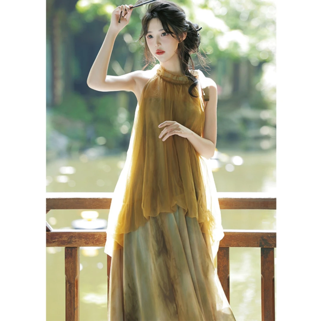 D082 2025夏新款高级感无袖挂脖连衣裙新中式网纱扎染假两件长裙