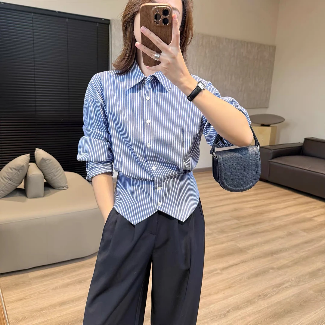 蓝色条纹Polo领长袖设计感收腰显瘦衬衫春秋新款小众上衣